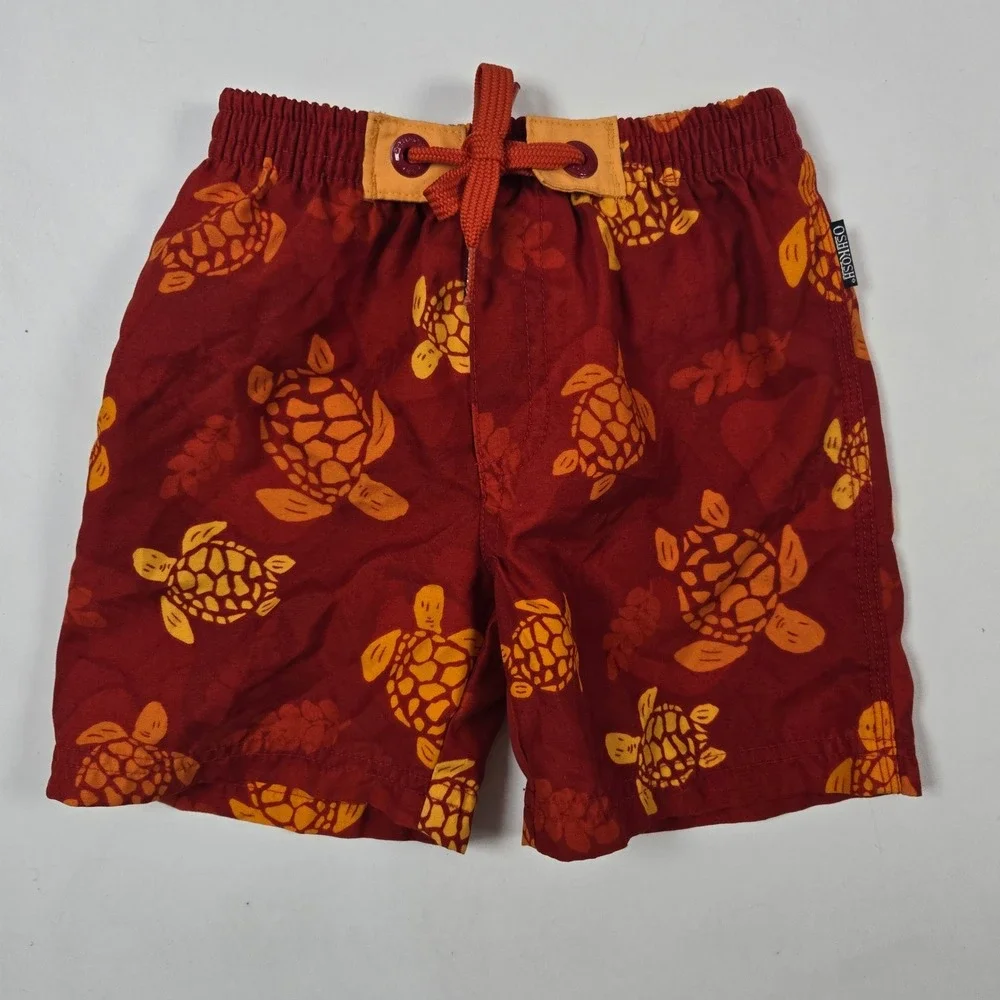 OshKosh Swim Trunks Baby Boy 12M Red Orange Turtle Print Mesh Lined Board Shorts